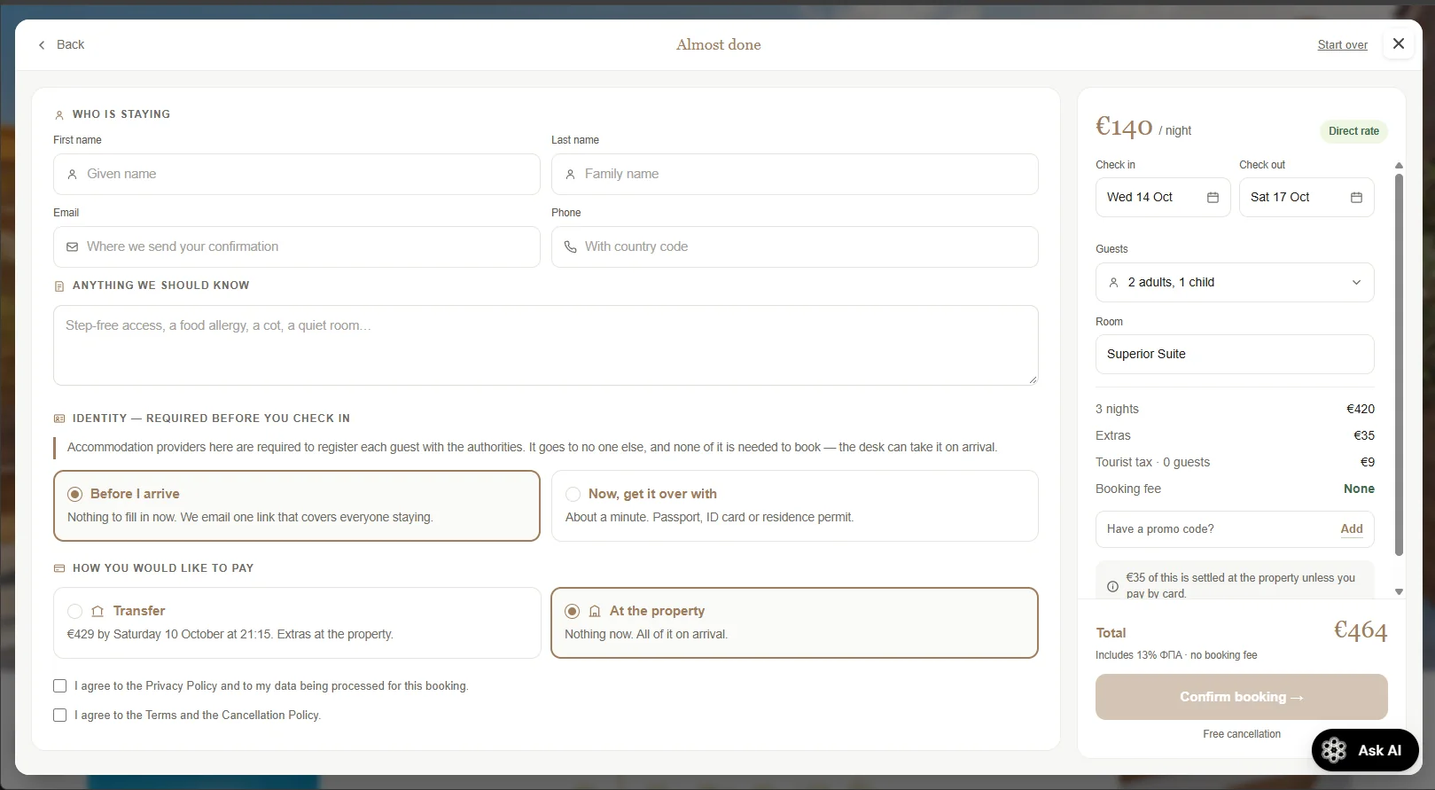 The details screen: guest name and contact, an identity step that can wait, and two ways to pay.