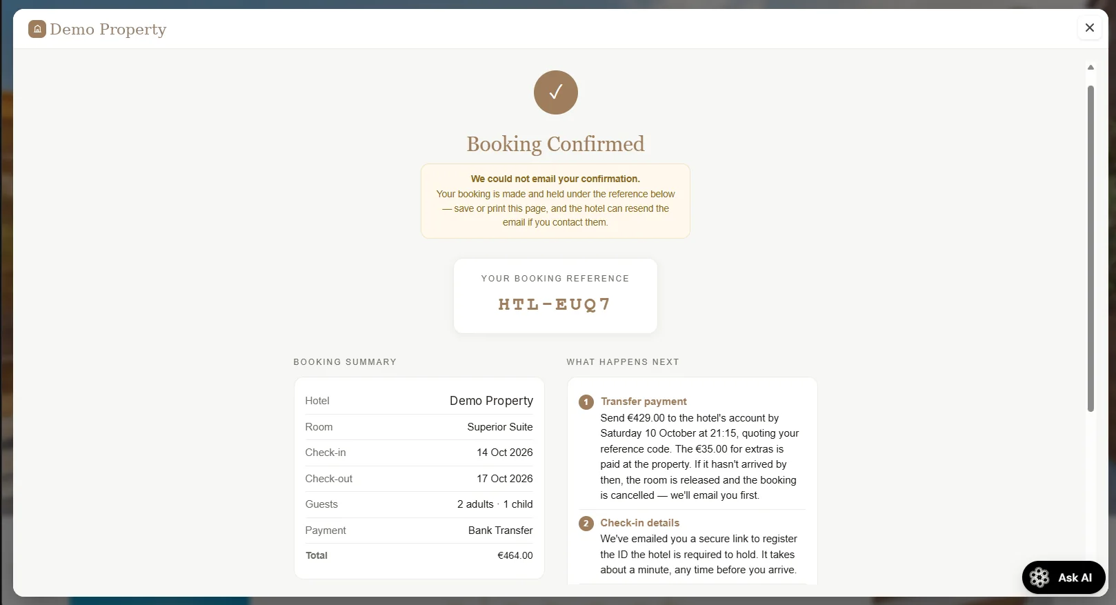 The confirmation screen: a booking reference, a summary of the stay, and the steps that follow.