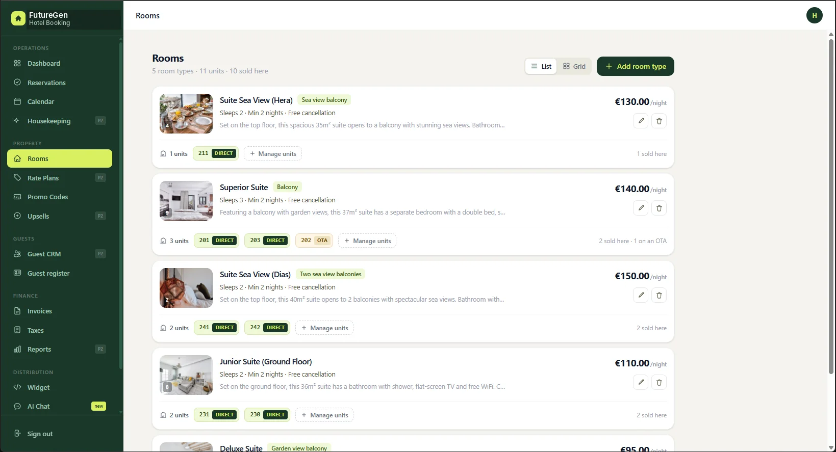 The rooms screen: room types with rates and descriptions, each listing its individual units marked direct or OTA.