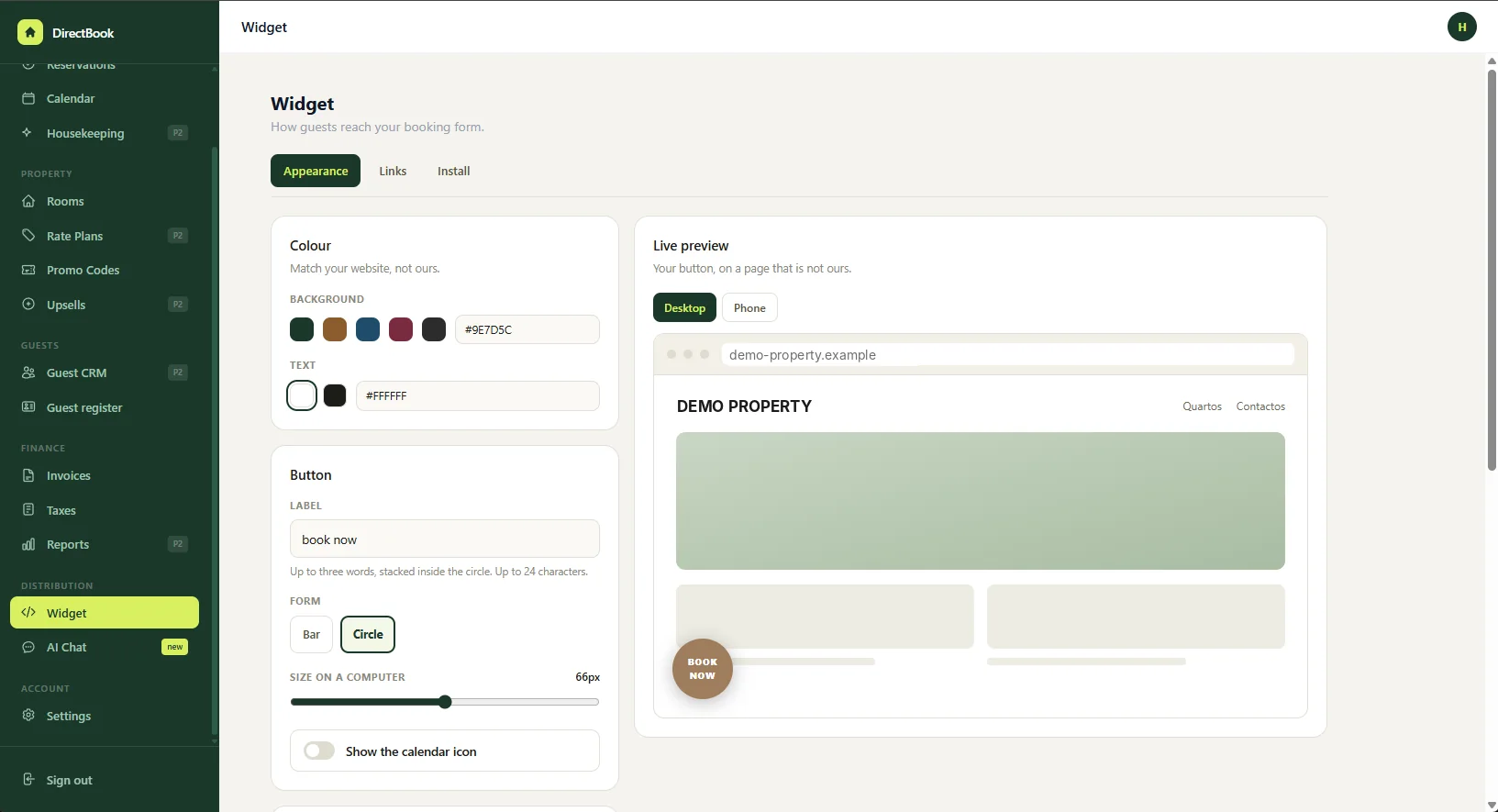 The widget settings: colour and text fields, button label and shape, and a live preview of the button on a sample site.